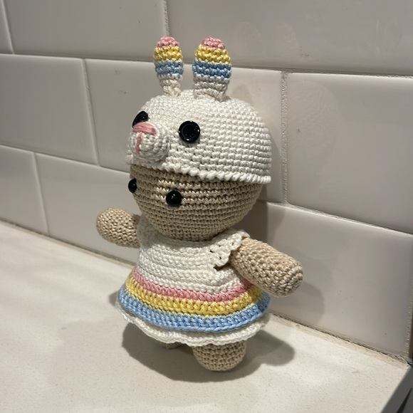 Handcrafted Doll in Bunny Rabbit Dress Easter Holiday Decor Crochet Toy Spring - Picture 2 of 12